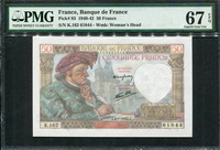 프랑스 France 1940-1942 ( 1942 ), 50 Francs, P93, PMG 67 EPQ Superb GEM UNC 완전미사용